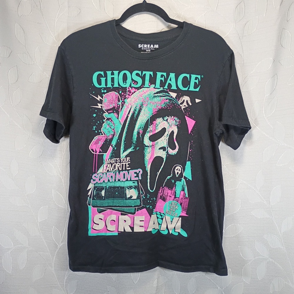 Scream Ghostface Graphic T-Shirt Black Neon Horror Movie Promo Mens Medium